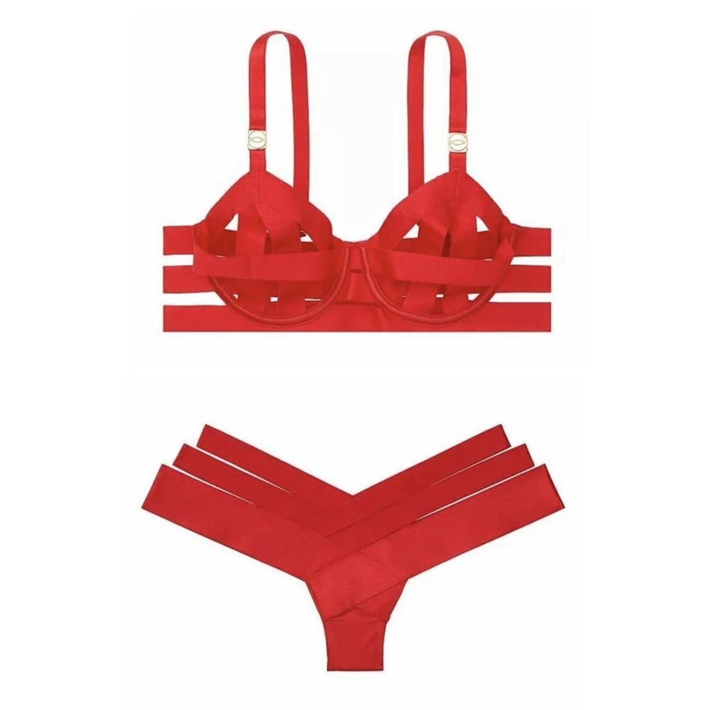 Victorias Secret Sexy Banded Red Strappy Balconette Bra Set 34C & Panty S